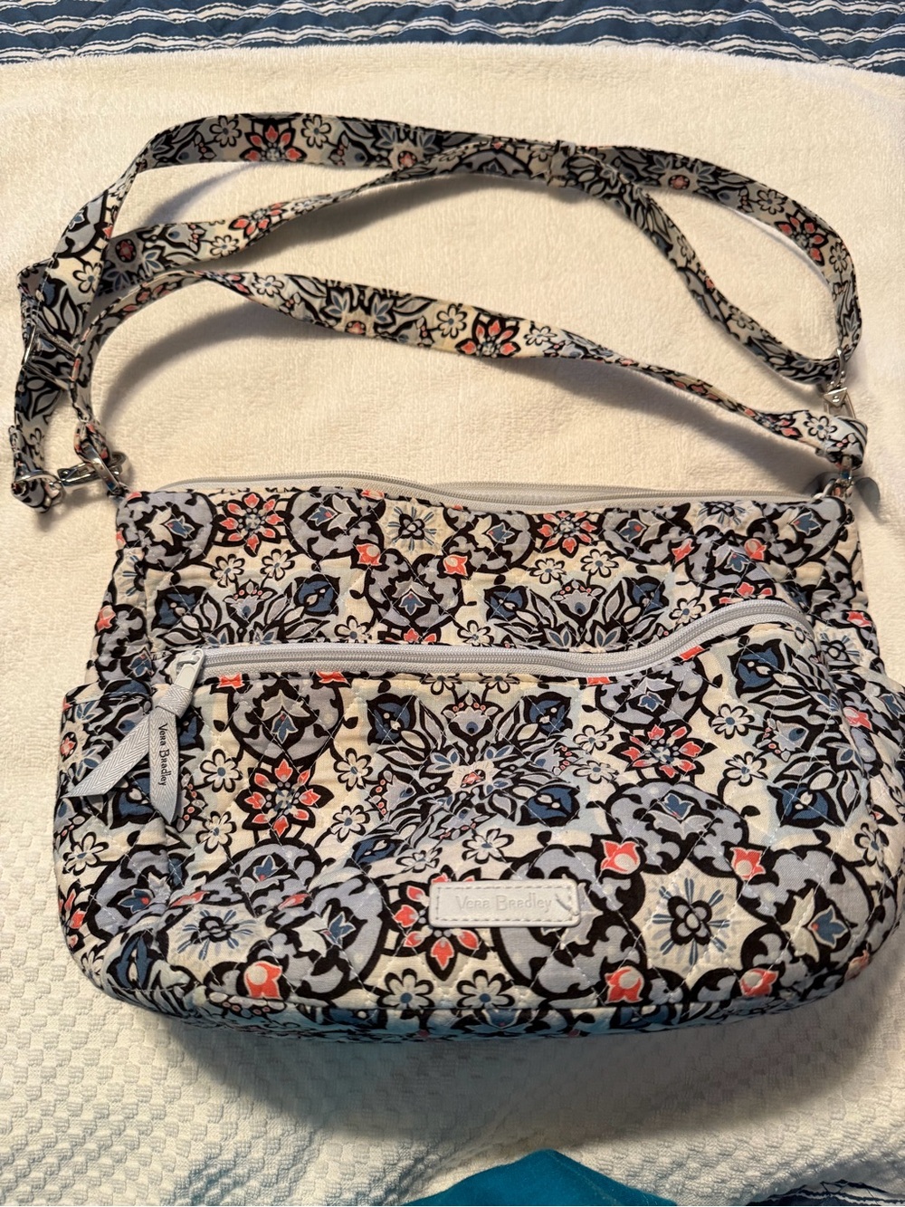 Vera Bradley Quilted Floral Crossbody in White, Black, Blue & Coral